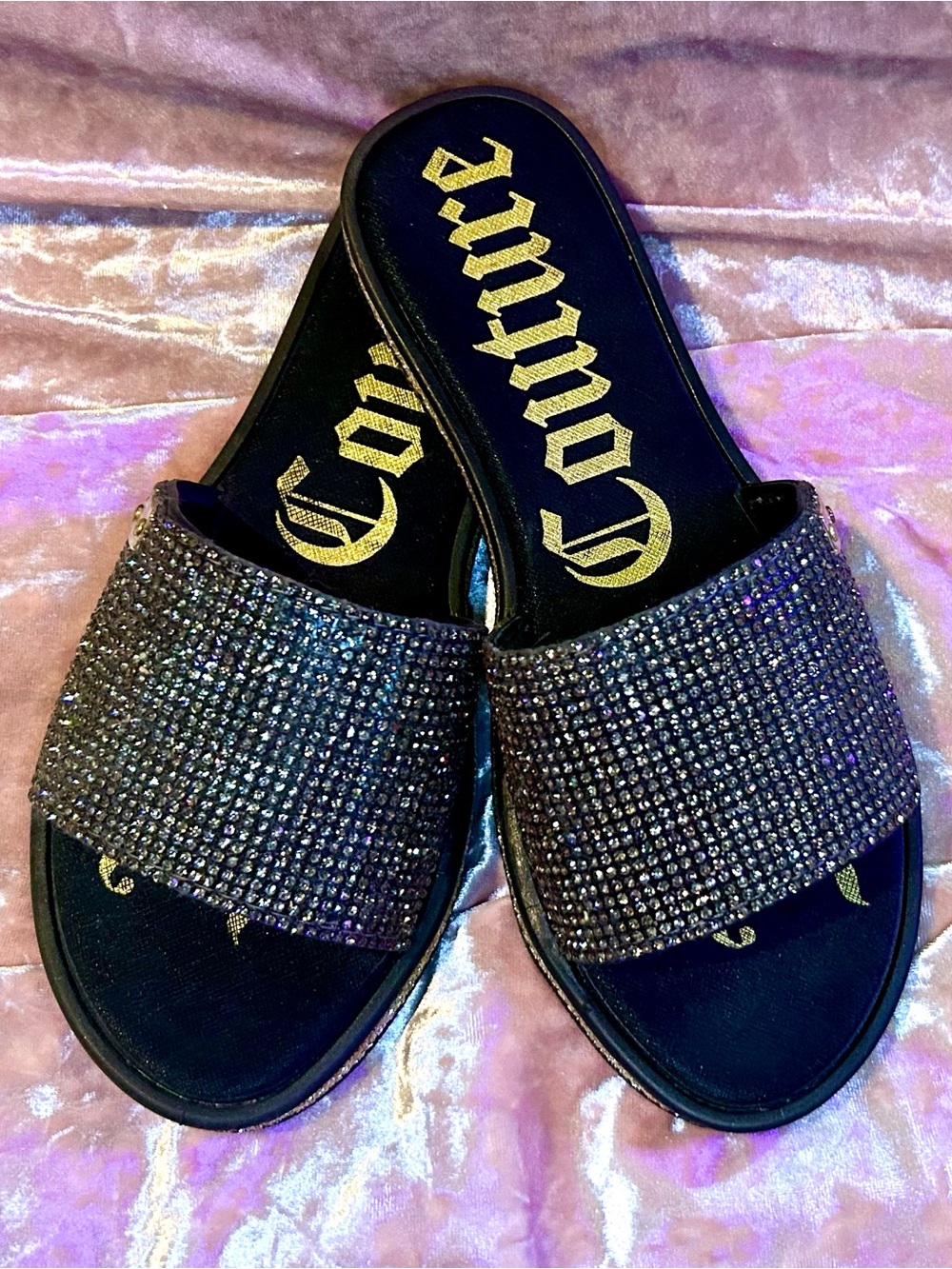 Juicy Couture Retro Black, Silver Rhinestone Beaded Glitter Flat Slides, Size 6